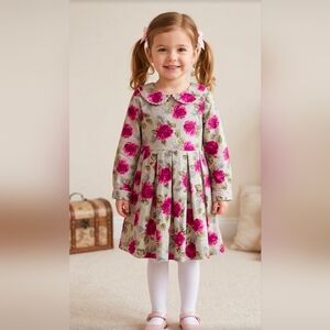 Rachel Riley Girls Pink Green Floral Peter Pan Collar Dress Size 4Y